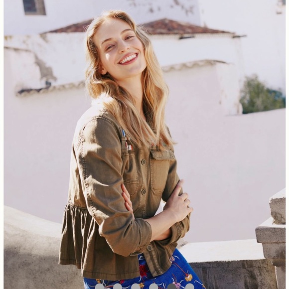 Anthropologie Military Style Olive Jacket with Peplum Hem, Beaded, Cotton/Linen - Picture 14 of 15